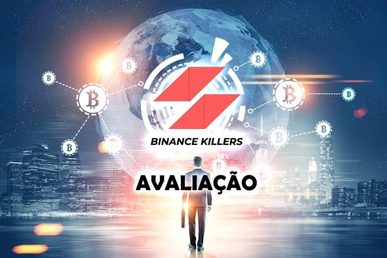 A person in a suit faces a digital globe with cryptocurrency symbols and network connections. "BINANCE KILLERS" and "Avaliação da Binance Killers" appear over a red and white logo in the center.