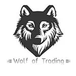 A grayscale illustration of a wolf's head facing forward, above the text "Wolf of Trading" in bold letters. The design is simplistic, using shading to depict the wolf's fur and facial features—your best crypto signals guide in the trading wilderness.
