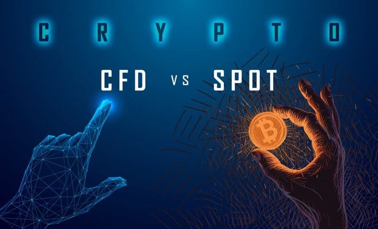 A digital illustration with a dark background features "CRYPTO" at the top. Below, "Cripto CFD vs Cripto Spot" is displayed. A wireframe hand points to "CFD," while an illustrated hand holds a Bitcoin coin next to "SPOT.