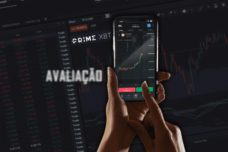 Hands holding a smartphone display a trading app with a rising graph, highlighting Cripto Spot vs Cripto CFD options. In the background, a computer screen showcases a trading platform with various charts. The word "AVALIAÇÃO" stands prominently in the foreground.