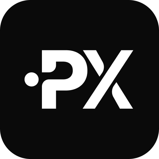 A black square icon with rounded corners features a bold white logo resembling the letters ".PX" in a modern, geometric font, reflecting the sleek branding of Prime XBT.
