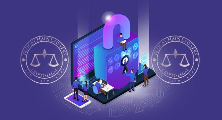 Illustration showing people interacting with a large digital padlock on a smartphone. Surrounding elements include scales of justice, circuits, and the text "Blockchain Lawyers Crypto Legal and Co." The purple background enhances the futuristic vibe.