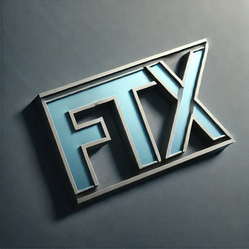 The image showcases the FTX Exchange logo, featuring the letters "FTX" in bold, blocky font with a metallic outline and a light blue fill, set against a neutral, textured background. The arrangement of the letters forms a compact, triangular shape.