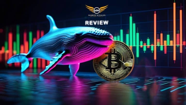 A graphic of a glowing blue whale beside a Bitcoin coin is set against a background of financial charts with red, green, and yellow candlestick graphs. There is a logo in the top center with the text "Margin Whales Review.