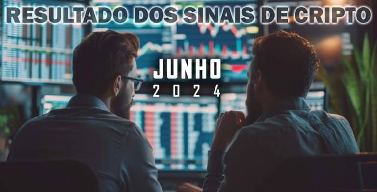 Two individuals study monitors filled with financial charts and data, as "Resultados dos Sinais de junho de 2024" prominently overlays the center, marking a key moment of analysis.