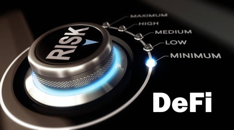 A close-up image depicts a dial labeled "RISK" with settings ranging from "MINIMUM" to "MAXIMUM." The dial is currently set to "MINIMUM." The word "DeFi" is shown in large text to the right of the dial. The image conveys a concept related to decentralized finance.