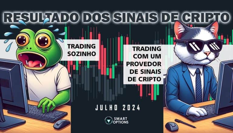 A comic-style illustration contrasts two scenarios: on the left, a distressed frog trades solo at a computer; on the right, a confident cat in a suit uses crypto signals. "Resultados dos Sinais de Julho de 2024" is prominently displayed above.