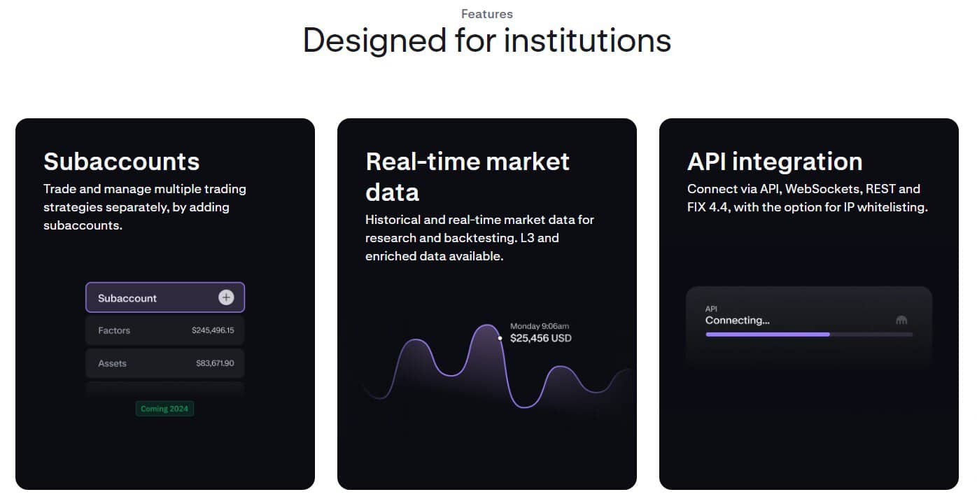 This image showcases three vertical panels under the heading "Features - Designed for institutions." The panels describe features: "Subaccounts," "Real-time market data," and "API integration," with brief descriptions and illustrations related to each feature for kraken exchange review.