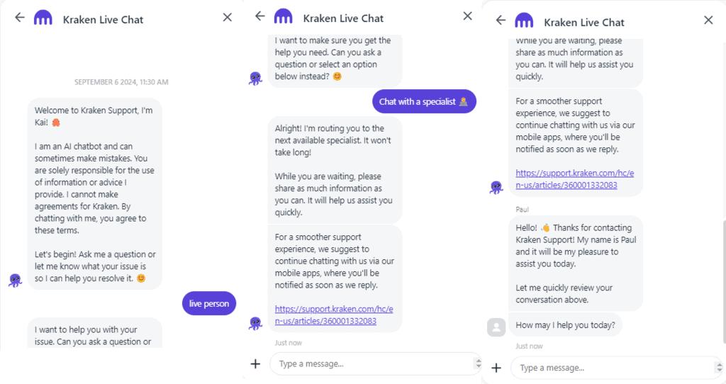 A series of screenshots showing a conversation with Kraken Live Chat. The user initiates a query, and the chatbot then forwards them to a live specialist. The live specialist asks for more information, shares support resources, and answers the user's query about how to recover his account.