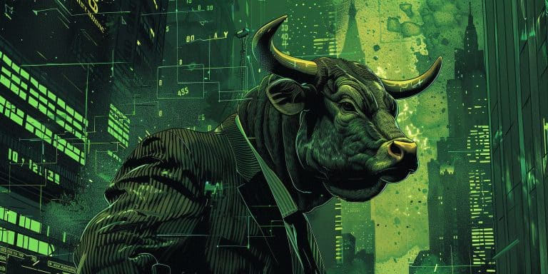 A digital artwork featuring a bull in a suit, standing upright in a cityscape. The background includes skyscrapers and digital financial symbols, all in varying shades of green, creating a futuristic and financial theme.