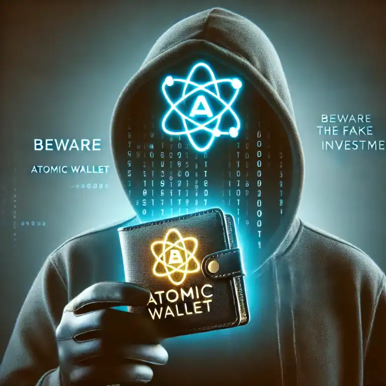 A person in a hoodie holds an Atomic Wallet with glowing symbols. The background features digital code and warnings: "Beware Atomic Wallet" and "Beware the Fake Investments." The image implies caution against potential fraud.