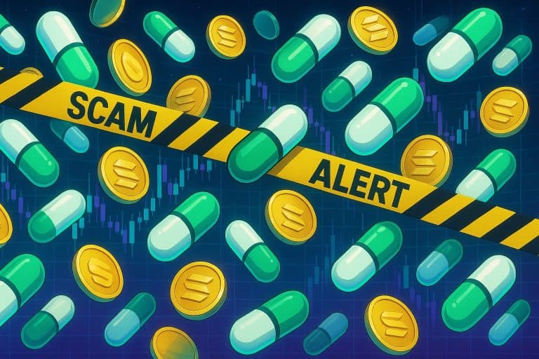 Yellow caution tape reading "SCAM ALERT" crosses an image filled with floating pills, gold coins, and Pump.fun icons, all set against a background with dramatic financial chart lines.
