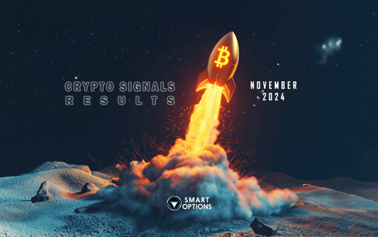 A golden rocket shaped like a Bitcoin symbol launches upward, leaving fiery smoke beneath. Text on the image reads "Crypto Signals Results" and "November 2024." The Smart Options logo appears at the bottom. The background resembles a lunar landscape.