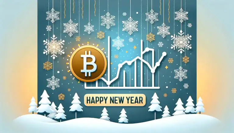 A Bitcoin symbol against a snowy winter backdrop with hanging snowflakes. Below it is a rising line graph, and the message "Happy New Year" appears at the bottom. Snow-covered trees line the scene, with a sunny gradient in the background.
