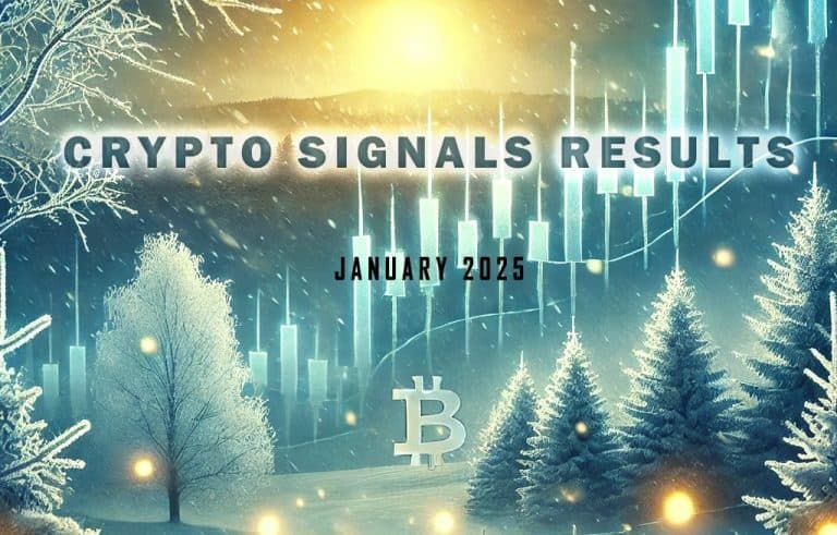 Winter landscape with frosty trees and the text "Crypto Signals Results January 2025" overlaid. A Bitcoin symbol is visible at the bottom, with glowing lines resembling graph data in the background against a sunrise or sunset.