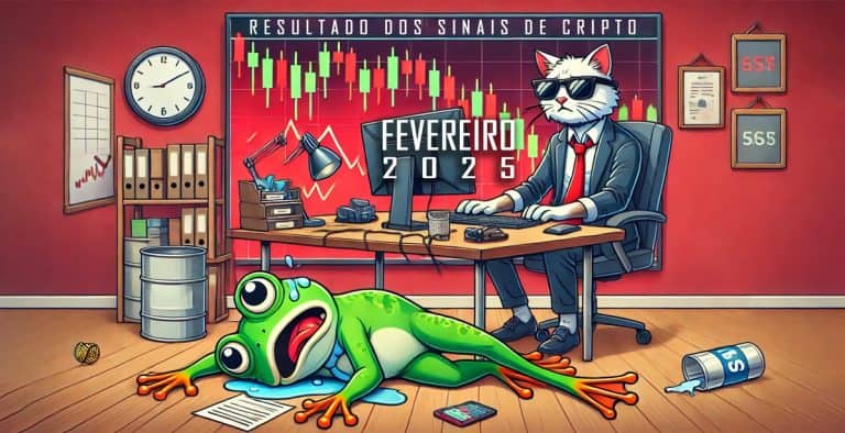 Illustration of a cat in a suit at a desk with monitors displaying crypto signals. A frog lies exhausted on the floor amid office items and a clock. A chart reveals downward trends, underscored by the text "Resultados dos Sinais de Cripto de Fevereiro de 2025.
