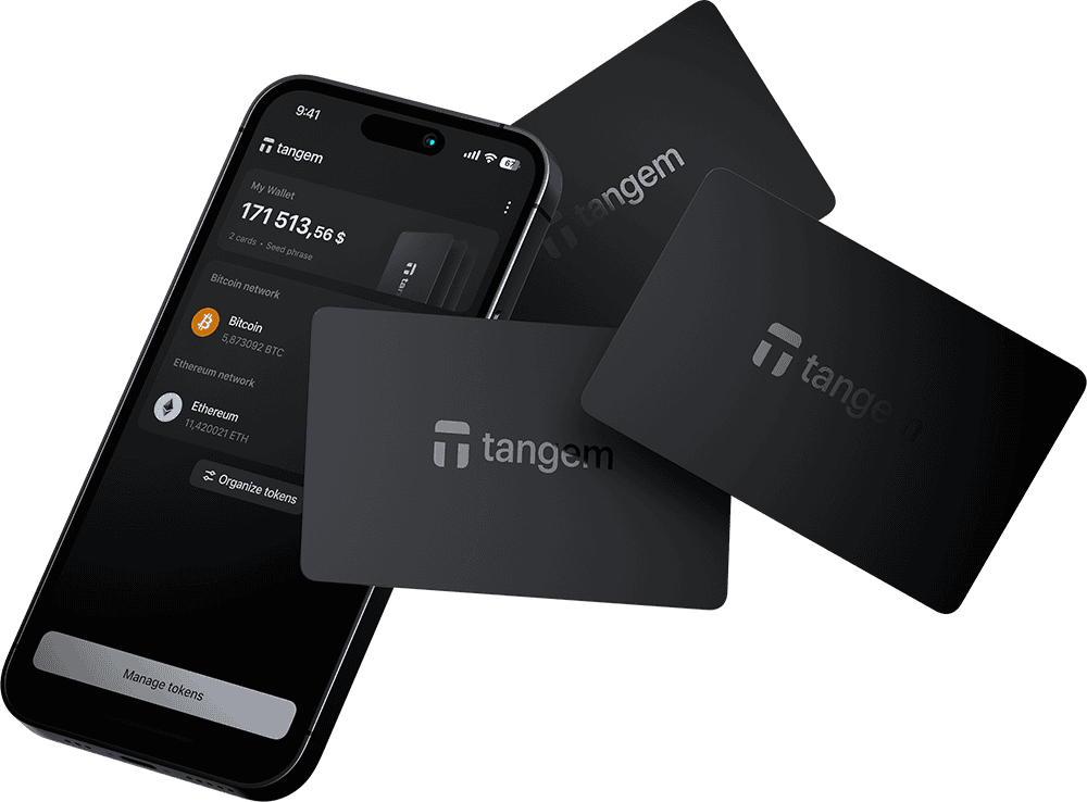 A smartphone displays a cryptocurrency wallet app alongside three sleek black Tangem cards, showcasing a balance and options for managing tokens. It's a glimpse into one of the best crypto wallets available today.