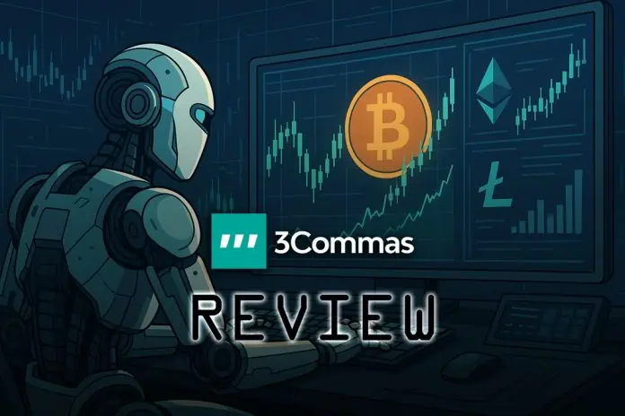 A robot is seated at a desk, looking at a screen displaying upward-trending graphs and cryptocurrency symbols like Bitcoin and Ethereum. The text 