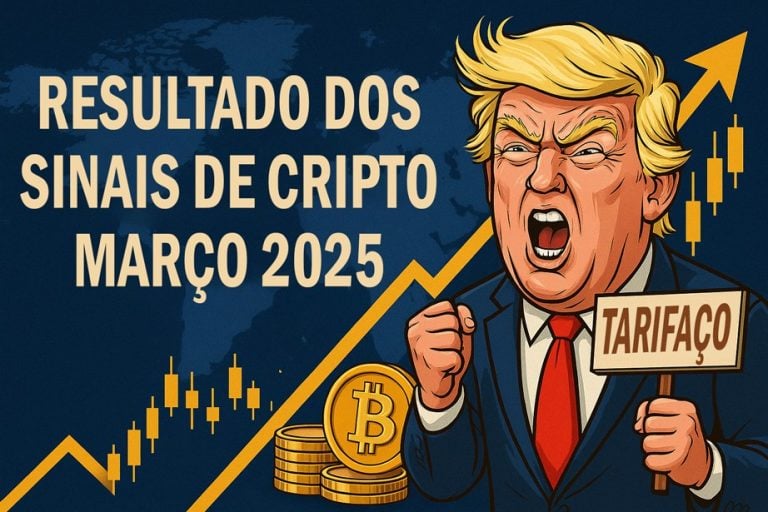 A cartoon of an angry man in a suit holds a “TARIFAÇO” sign beside Bitcoin coins, a rising chart, and the text “Resultados dos Sinais de Cripto de Março de 2025” on a dark blue background.