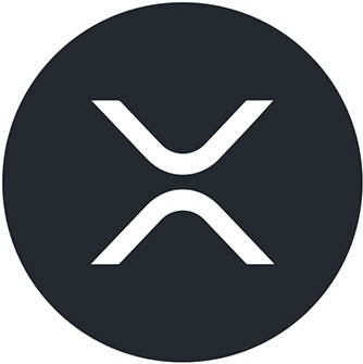 A circular black logo featuring a white stylized "X" with curved lines, representing the XRP cryptocurrency symbol.