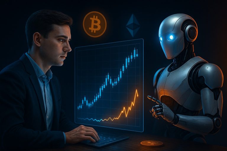 A man in a suit uses a tablet next to a humanoid robot. They face a digital screen displaying an upward-trending financial graph, with Bitcoin and Ethereum logos visible above the chart.