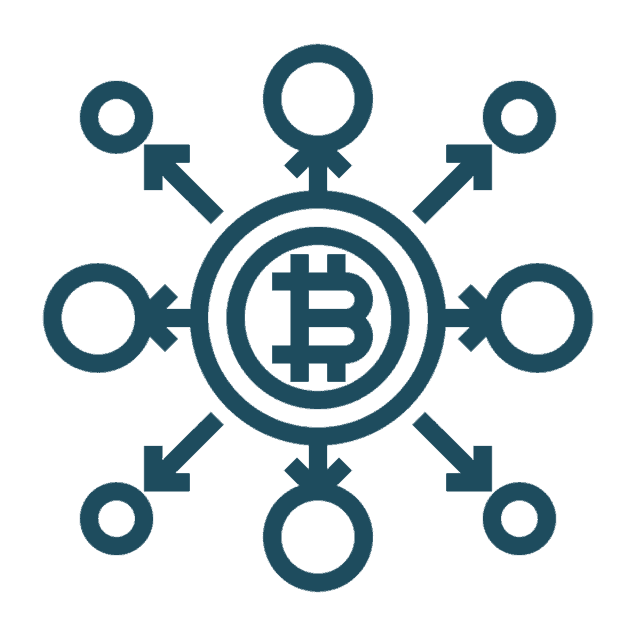 A central Bitcoin symbol surrounded by eight circles, each connected to the center by arrows pointing outward, representing a network or decentralized system.