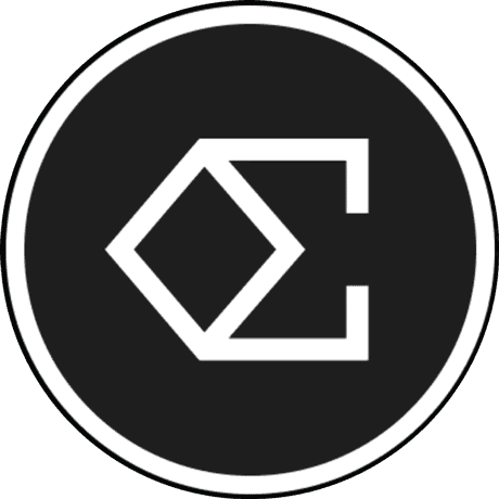 A white geometric symbol featuring a diamond shape partially enclosed by two angular brackets, forming a stylized “E”on a black circular background with a white border. One of the best sablecoin for the top 5.