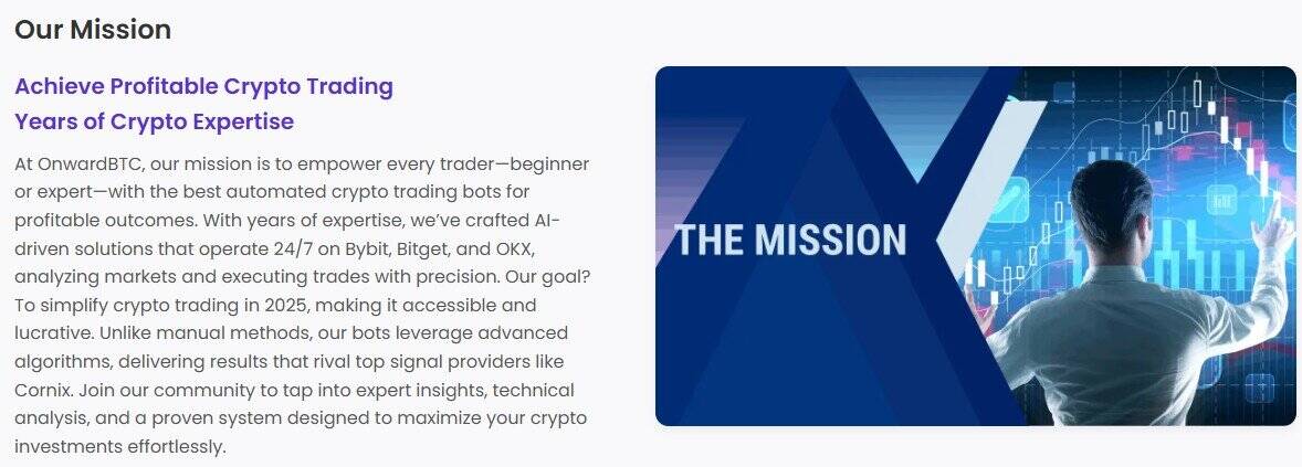 Um homem de terno está em frente a várias telas digitais com gráficos e dados, ao lado do texto “A MISSÃO”. A imagem acompanha a declaração de missão da empresa sobre automação no trading de criptomoedas nessa avaliação da OnwardBTC