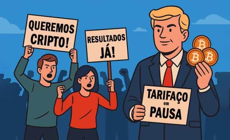 A cartoon shows two protestors holding signs that say “QUEREMOS CRIPTO!” and “RESULTADOS JÁ!” while a man in a suit, holding three Bitcoin tokens, displays a sign reading “TARIFAÇO em PAUSA – Resultados dos Sinais de Cripto Abril 2025.”.