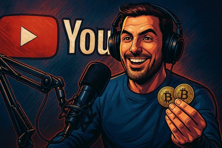 A man wearing headphones sits in front of a microphone, smiling and holding two Bitcoin coins. The YouTube logo is visible in the background.