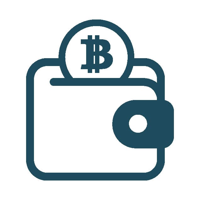 A simple icon of a wallet with a Bitcoin symbol coin partially inserted into the top, representing cryptocurrency storage or a Bitcoin wallet. The image is blue on a white background.