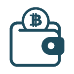 A simple graphic of a wallet with a coin featuring the Bitcoin symbol being inserted into it.