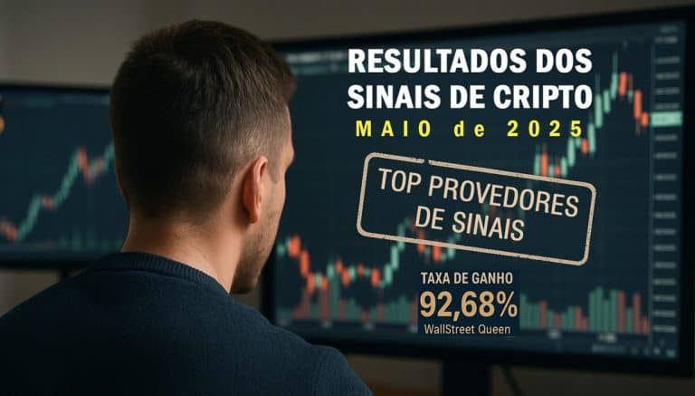 Homem de costas olha para dois monitores com gráficos financeiros. Texto na imagem destaca resultados dos sinais de cripto de maio de 2025, menciona top provedores de sinais e taxa de ganho de 92,68%.
