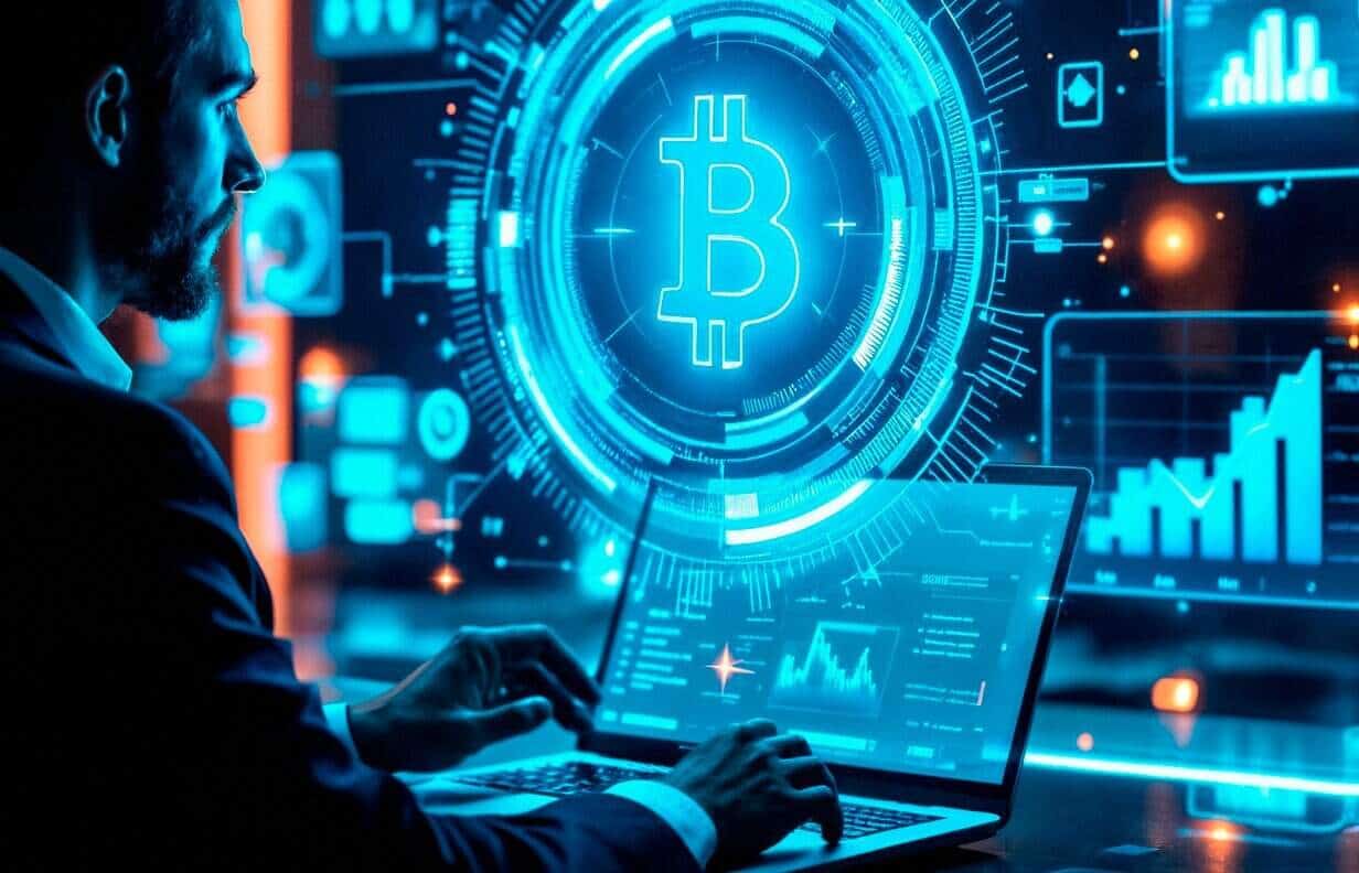 Uma pessoa de terno usa um laptop com gráficos e dados na tela, com um grande símbolo do Bitcoin brilhando ao fundo e elementos gráficos financeiros digitais, sugerindo uma análise ou atividade de trading com criptomoedas.