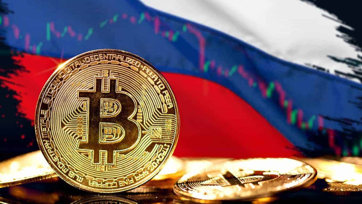 A gold Bitcoin coin stands upright among others, with the Russian flag and a financial chart line graph blurred in the background, symbolizing global crypto adoption.