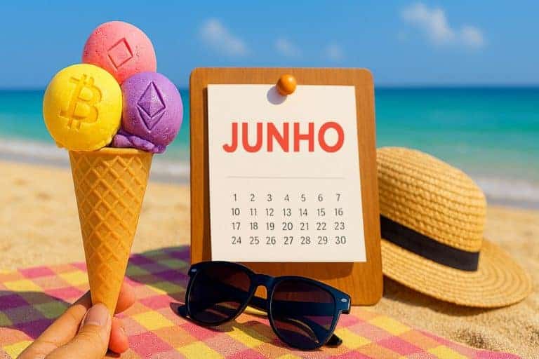 A hand holds an ice cream cone with three scoops, each featuring a cryptocurrency logo. In the background, "JUNHO" is displayed on a calendar—highlighting os Resultados dos Sinais de Cripto de junho—while sunglasses and a straw hat rest on a beach picnic cloth.