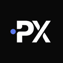 PrimeXBT logo: A black background with the letters "PX" in bold white font. There is a small blue dot to the left of the letter "P.