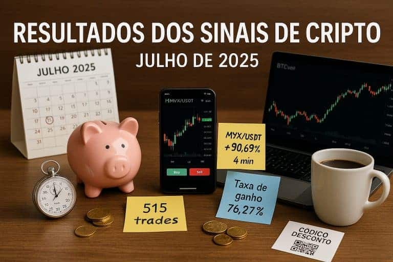 A desk with a July 2025 calendar, alarm clock, coins, smartphone showing a crypto chart, trading stats on sticky notes, coffee cup, and tablet with BTC chart. Texto: "Resultados dos Sinais de Cripto de Julho de 2025.