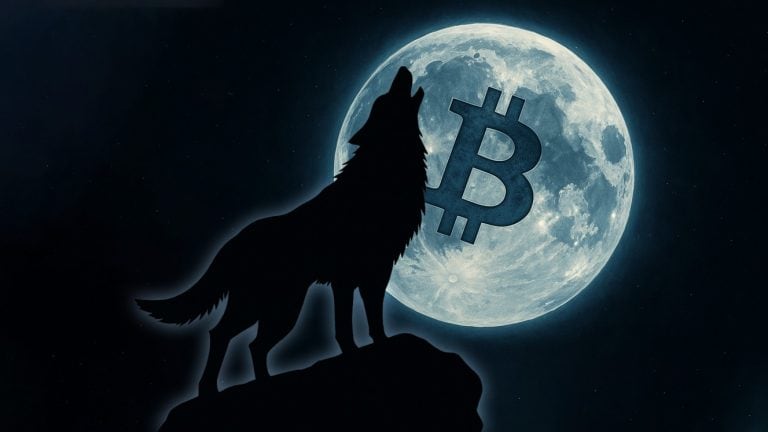 A silhouette of the Wolf of Trading howling on a hill at night, with a full moon in the background featuring a Bitcoin symbol.