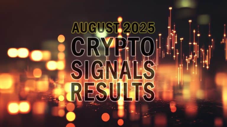 A imagem apresenta o texto “Resultados dos Sinais de Cripto de Agosto de 2025” sobre um fundo desfocado com luzes alaranjadas e um padrão digital abstrato, destacando um tema de tecnologia ou finanças ligado aos sinais de cripto de agosto de 2025.