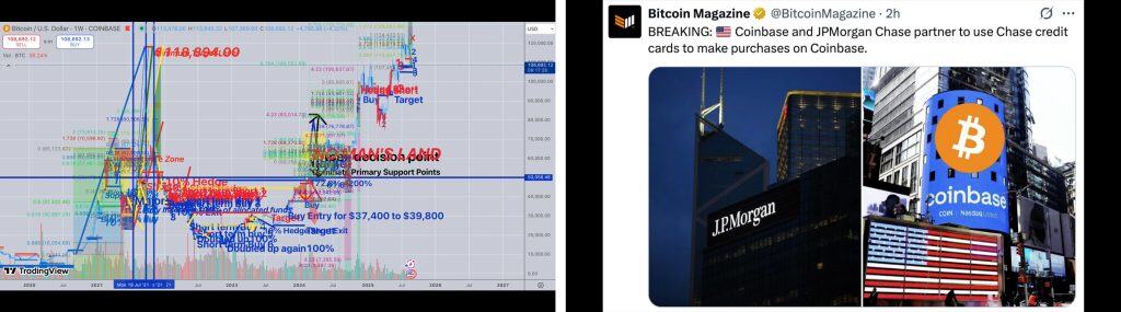 Um gráfico complexo com sobreposição de texto, números e linhas aparece à esquerda. À direita, um tweet destaca a notícia da parceria entre a Coinbase e o JPMorgan Chase, com destaque para a SmartOptions Plus e fotos de arranha-céus com um outdoor digital de Bitcoin.
