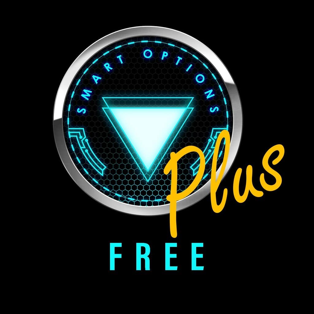 A circular tech-inspired logo features “SMART OPTIONS” around a glowing blue triangle. The word “Plus” in yellow script overlaps the triangle, highlighting SmartOptions Plus. Below, “FREE” appears in blue capital letters on a black background.