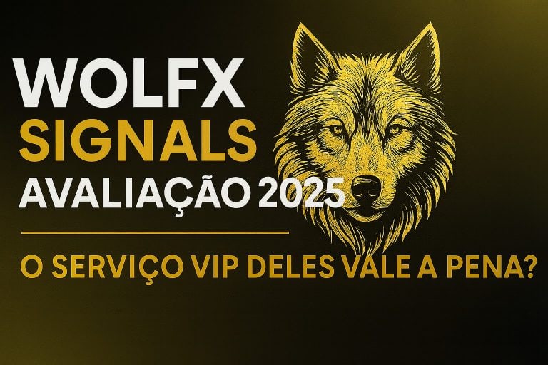 Text graphic with a yellow wolf head illustration. The text reads: "WolfX Signals AVALIAÇÃO 2025 O SERVIÇO VIP DELES VALE A PENA?" on a dark background with yellow WolfX accents.