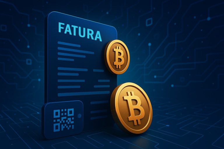 A digital invoice labeled "FATURA" is displayed next to two large Bitcoin symbols and a QR code, set against a blue, circuit-like digital background, illustrating Pagamentos de Faturas em Cripto.