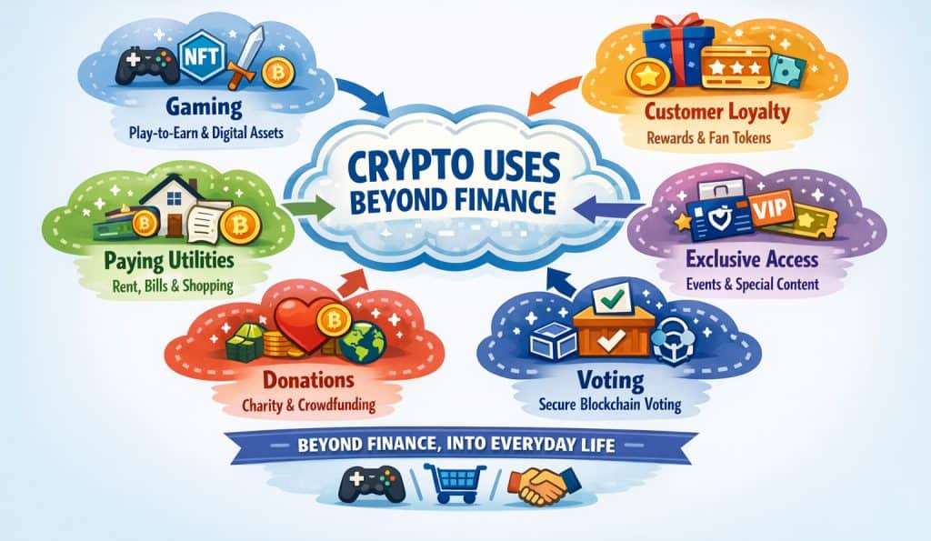 An infographic titled "Crypto Uses Beyond Finance" illustrates Crypto Experiences Outside Crypto, showing how it impacts gaming, customer loyalty, utilities, donations, exclusive access, and voting—highlighting its integration into everyday life.