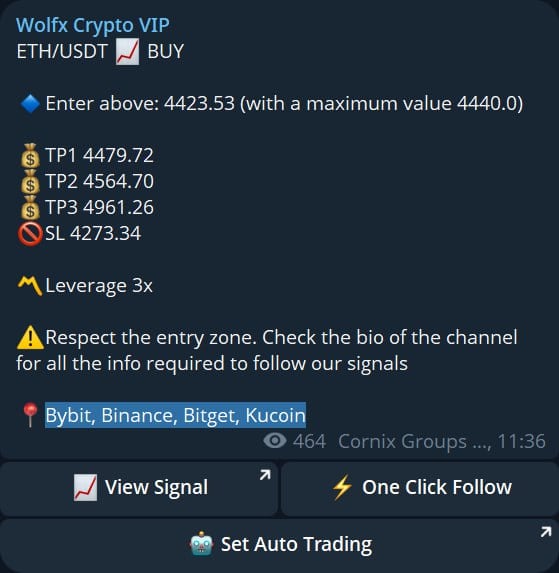 Uma mensagem no Telegram do WolfX Crypto VIP entrega um alerta de compra de sinais do WolfX para ETH/USDT acima de 4423,53, incluindo quatro alvos de take-profit, um stop loss em 4273,34, alavancagem 3x e links para as principais exchanges de cripto.