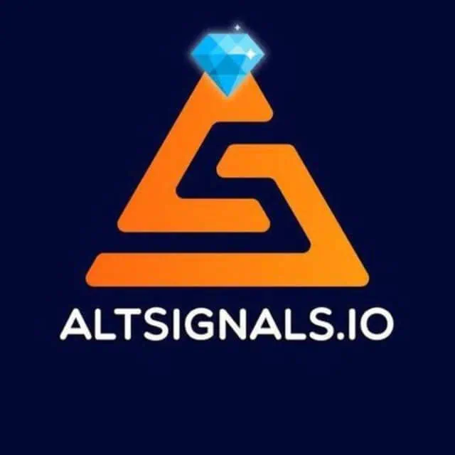 An orange triangular logo with interlocking lines and a blue diamond at the top. Below the logo, the text reads "ALTSIGNALS.IO" in white letters on a dark blue background.