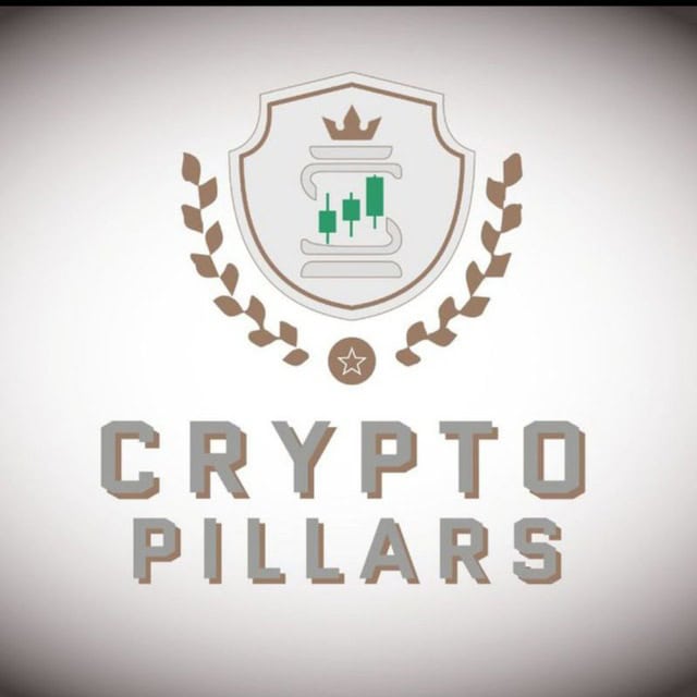 A shield-shaped logo featuring a crown, candlestick chart, and laurel branches, with the words "CRYPTO PILLARS" in bold, block letters below the emblem.