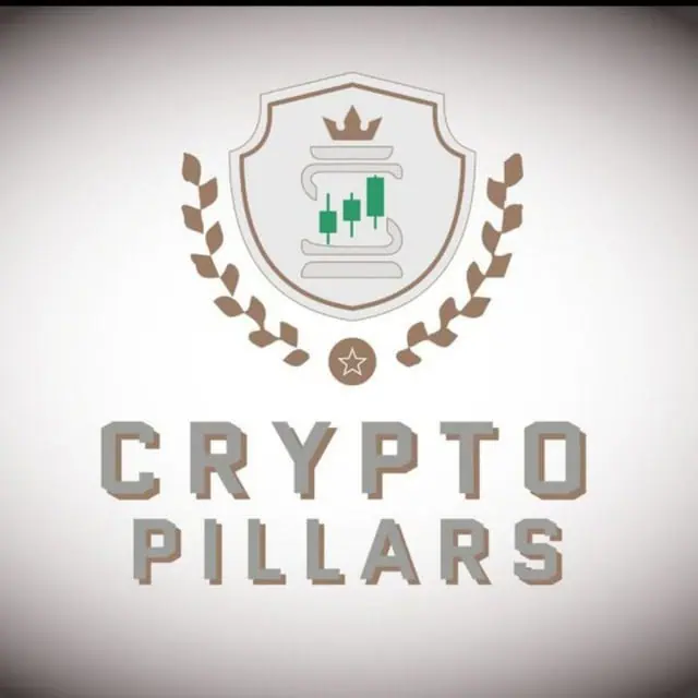 A shield-shaped logo featuring a crown, candlestick chart, and laurel branches, with the words "CRYPTO PILLARS" in bold, block letters below the emblem.