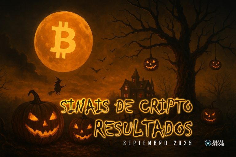 Uma imagem com tema de Halloween mostra abóboras iluminadas, uma casa assombrada, a silhueta de uma bruxa e uma grande lua com o símbolo do Bitcoin. O texto diz “Crypto Signals Results September 2025”, e o logotipo da Smart Options aparece no canto inferior direito.
